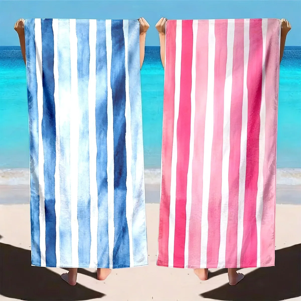 

Blue/Pink Striped Beach Towel, Soft Quick-Drying Sand-Free Towel for Couple, Lightweight Travel Towel for Beach Pool