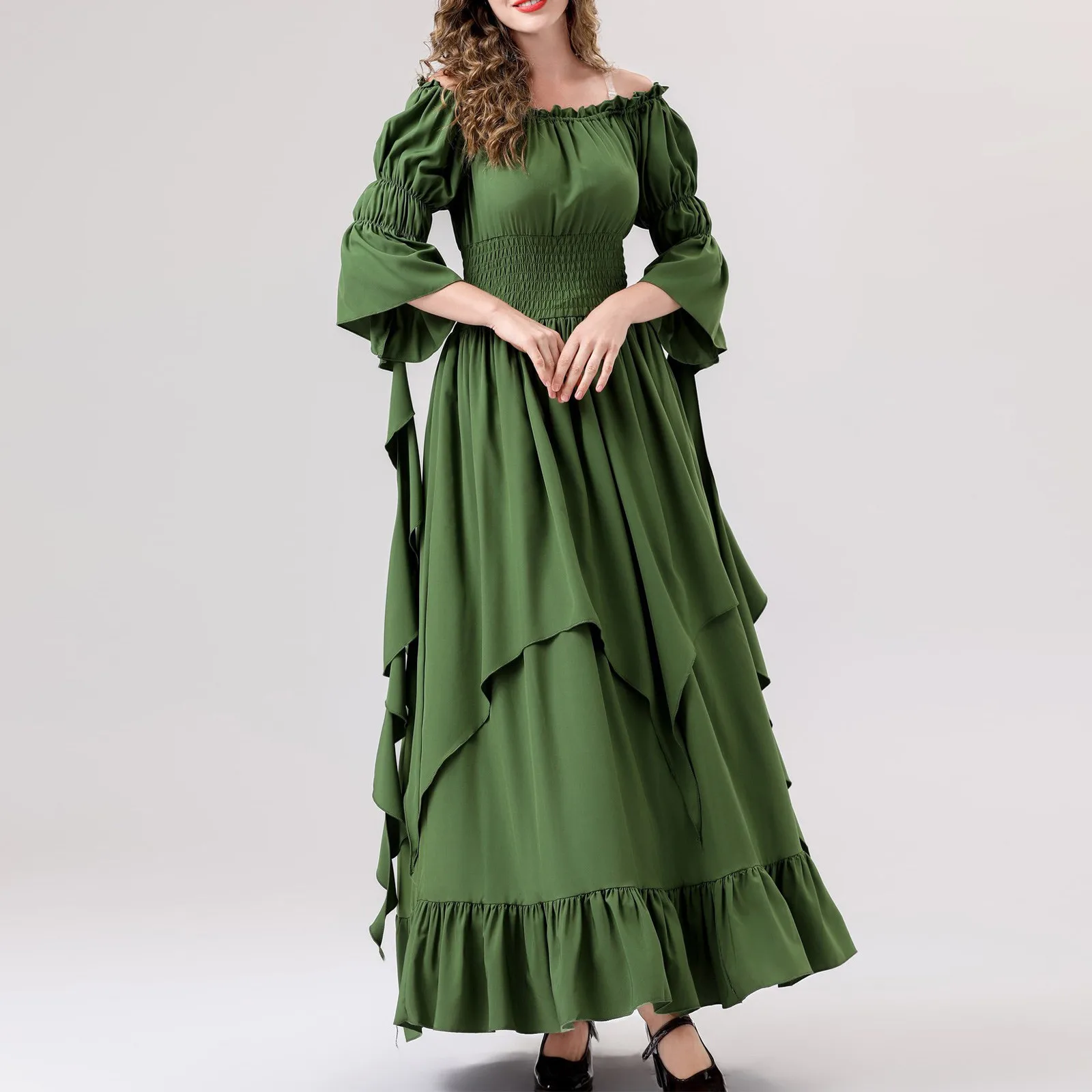 Medieval Renaissance Retro Gothic Dress Bowknot Three-Quarter Sleeve Ruffle Waist Dress Steampunk Cosplay Vestidos