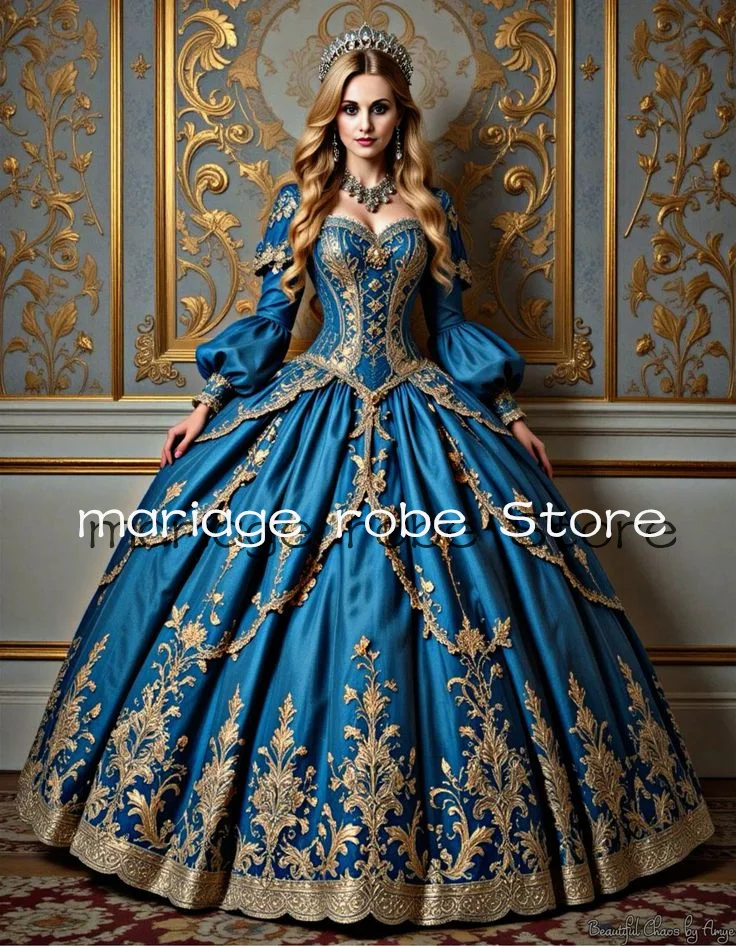 Blue Luxury Victorian Evening Party Dresses Gold Applique Corset Lace-up Long Sleeve Prom Masquerade Gown Customsized