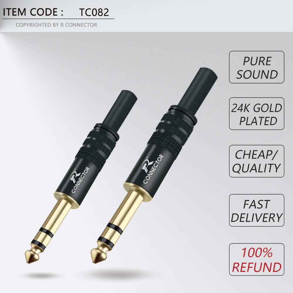 10pcs Mono/Stereo Gold Plated 6.35MM Audio & Video Plug Connector 12*1 6.3 Audio Jack Black Electrophoresis Plug MIC Connector
