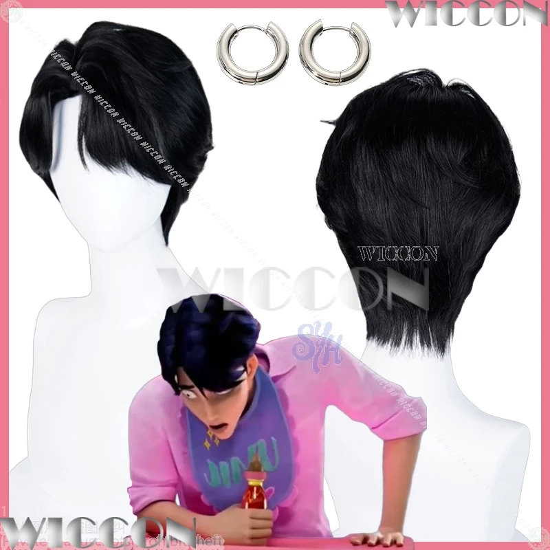 

Saja Boys Jinu Cosplay Kpop Demon Hunters Anime Hair Black Short Wig Heat Resistant Synthetic Hair Wig + Wig Cap Halloween Prop