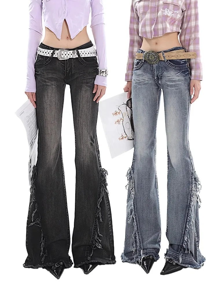 

American Retro Y2K Flare Jeans Scratched Slim Bell Bottoms Women Fashion Denim Pant Raw Edge Trousers Hip Hop Street Style