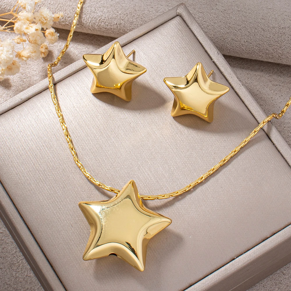 Women Trendy 3D Puffy Star Gold Plated Necklace and Star Stud Earrings Minimalist Daily Wear Jewelry Birthday Anniversary Gift