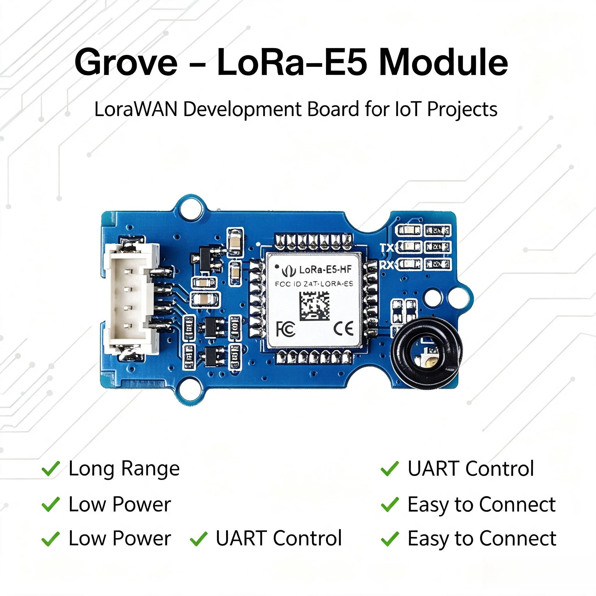Grove LoRa‑E5 Communication Module, STM32WLE5JC, Low‑Power, Supports EU868, US915, LoRaWAN