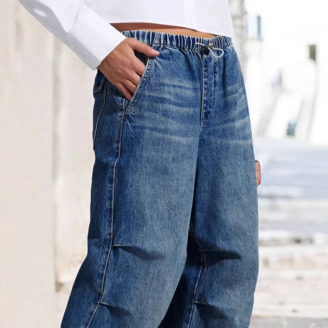 Jeans Women Wide Leg Pants Straight Trousers Vintage Streetwear Elastic Waist Pockets Washed Distressed Floor Length 2026 Denims