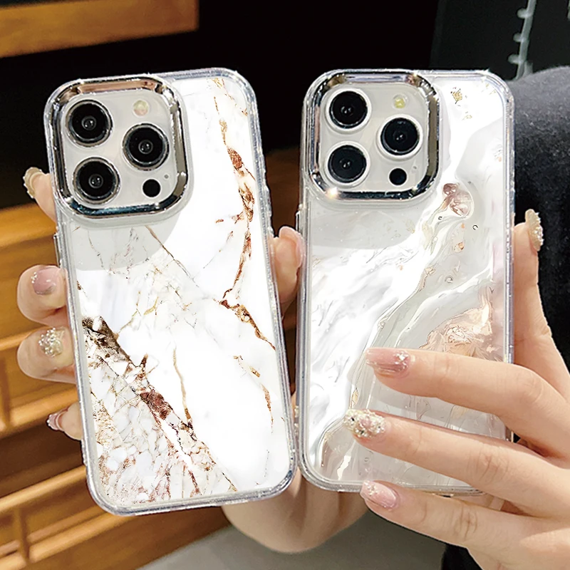 Luxury Watercolor Marble Case For iPhone 15 Pro Max Coque iPhone 11 12 13 14 16 Pro Max Plating Lens Frame Clear Silicone Cover