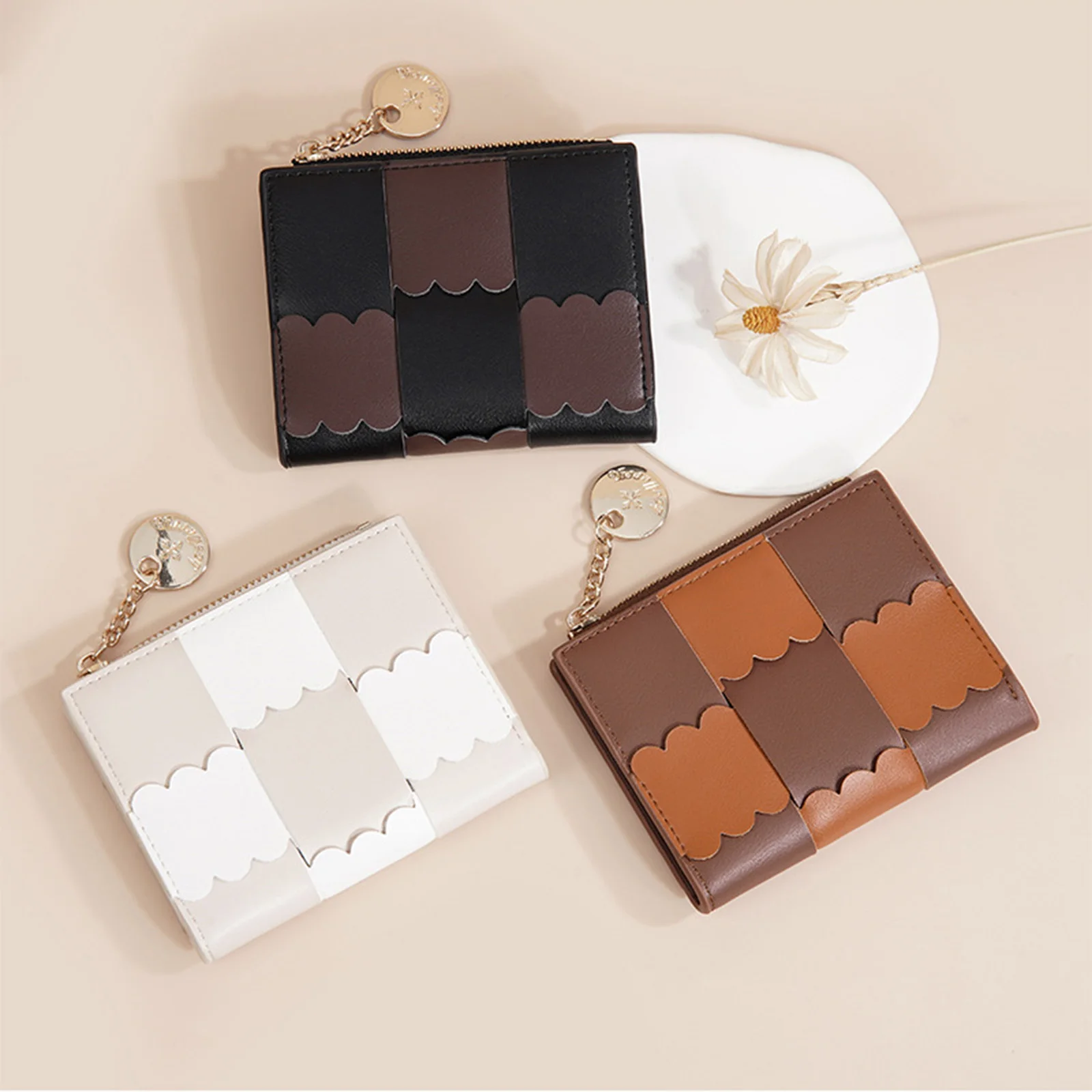

Short Wallet Korean Style Color Block Mini Coin Purse with Snap Closure for Women
