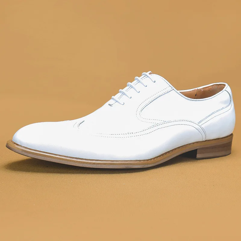 HNXC Luxury Men Oxford Shoes Lace Up Pointed Toe White Men Dress Shoes Genuine Leather Real Leather Brogue Shoes For Men