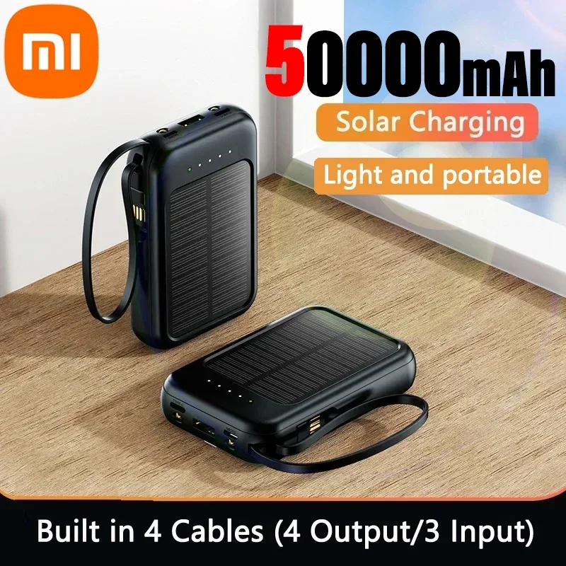 Xiaomi 50000mAh Solar Power Bank Built-in Cable Fast Charging Portable Mobile Phone Backup Power Bank for iPhone Samsung