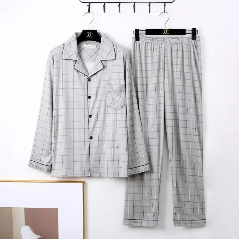 High End Men's Sleepwear Spring and Autumn Long Sleeved New Pajamas Homewear Blue Plaid Plus Size Simple Nightwear Nightgown
