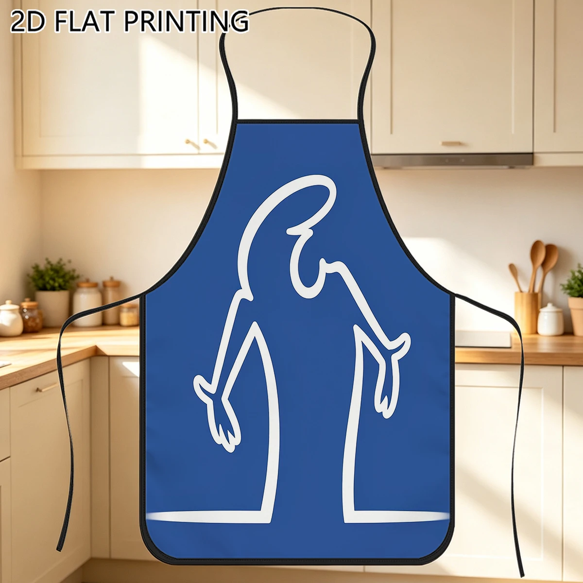 1pc Blue Background Stick Figure Pattern Apron For Cook Home Cooking Kitchen
