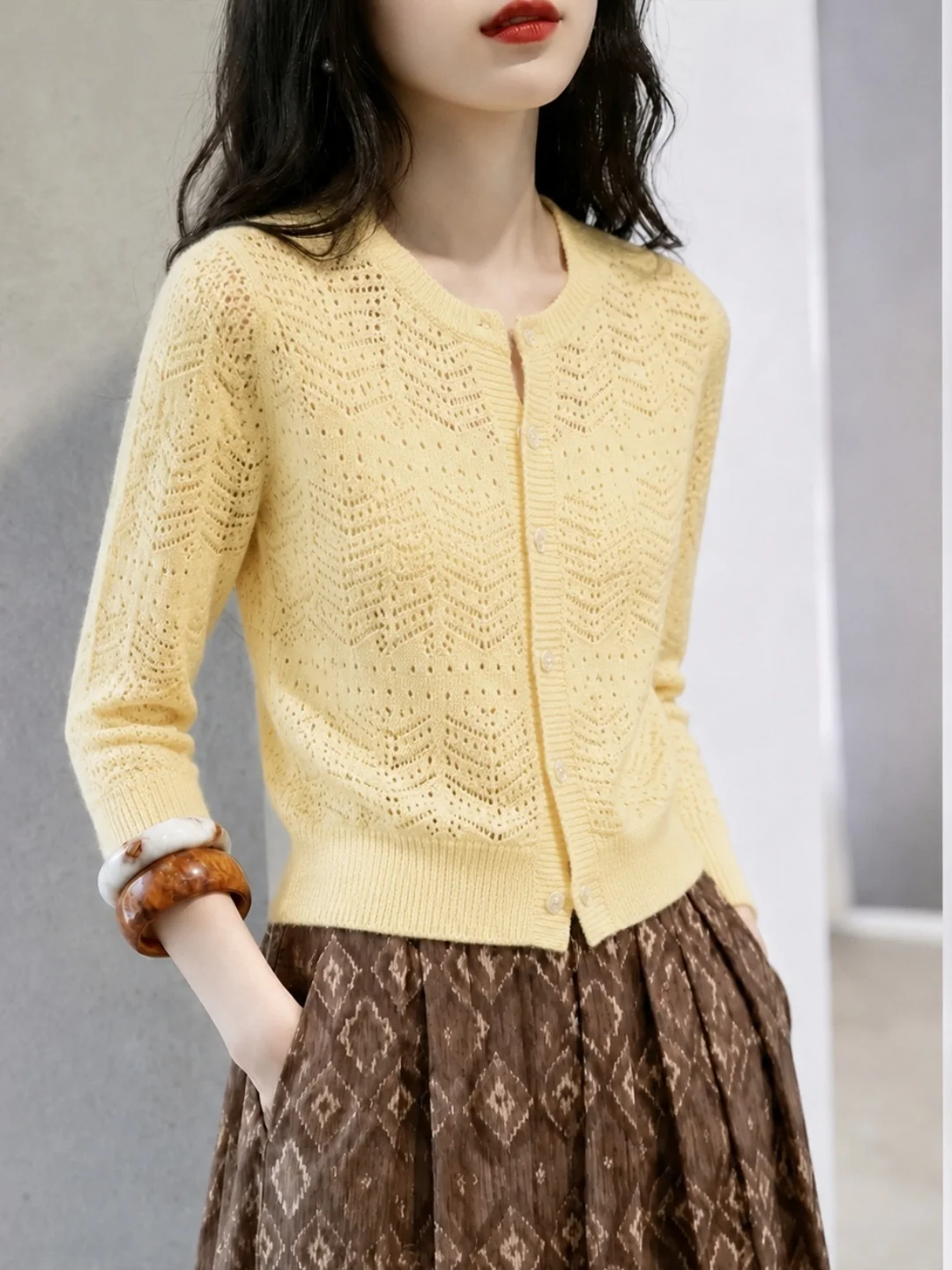 Chic Korean Style Knitted Top Hollow out Design Single Button Women's Fashionable Autumn New Arrival Straight Tube Shape