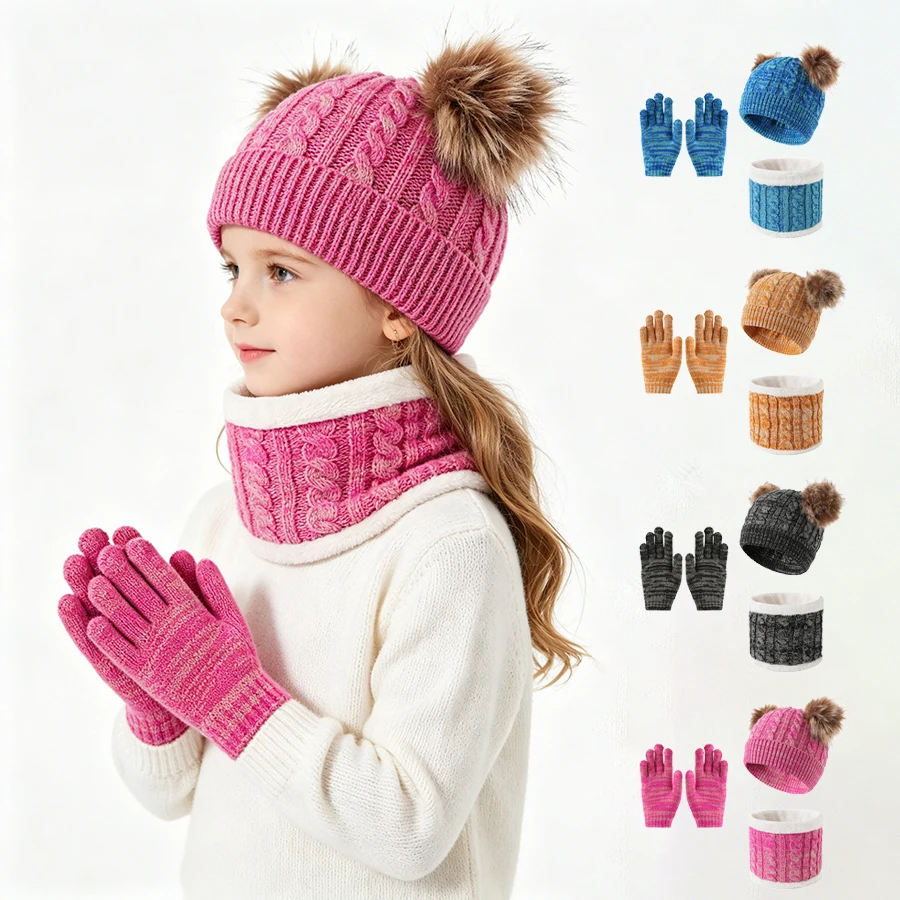 3-piece retro children's double ball winter knitted hat, scarf, gloves, hat set