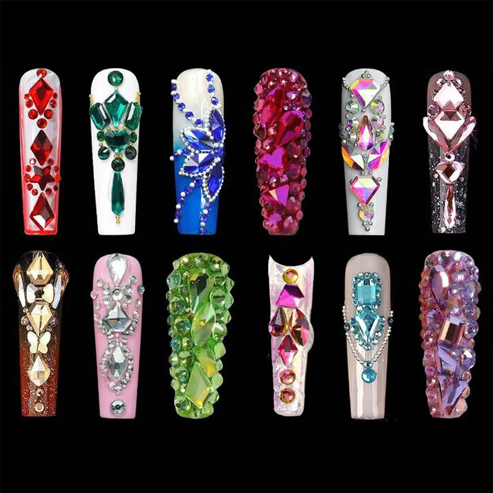 12グリッドクリアマルチシェイプネイルダイヤモンドジュエリーセット1500個+フラットバックガラスラウンドネイルラインストーンラグジュアリークリスタルネイルアートデコレーション