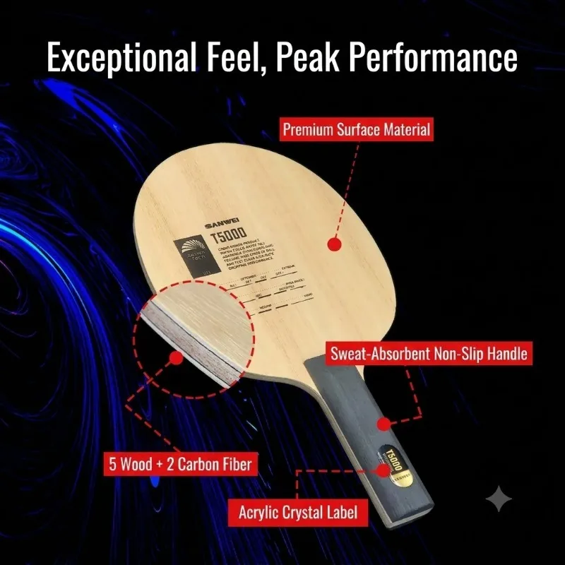 SANWEI T5000 Table Tennis Blade, 5 Wood 2 Carbon Composite Structure, Intermediate Level Ping Pong Paddle for Fast Attack & Loop