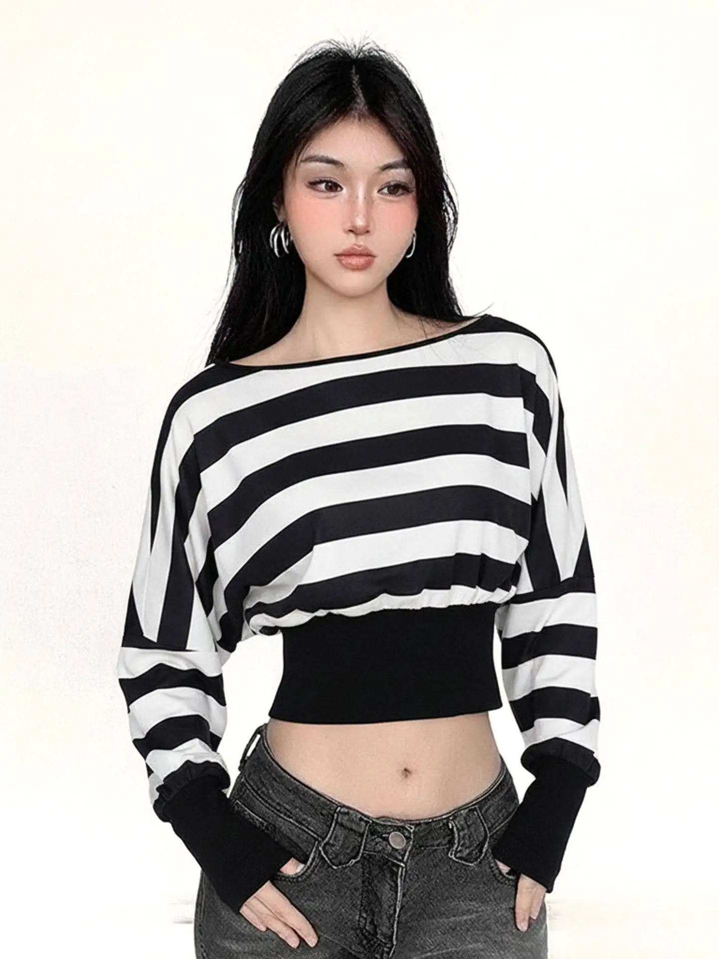 Funoff American Retro Black White Stripes Oblique Shoulder Waist Cinching Long Sleeve T Shirt Batwing Sleeve One Shoulder Top