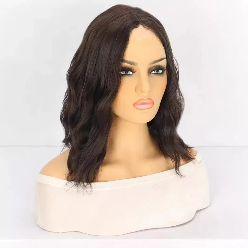European and American women's , small lace, brown middle-parted short hair, water wave curly wig