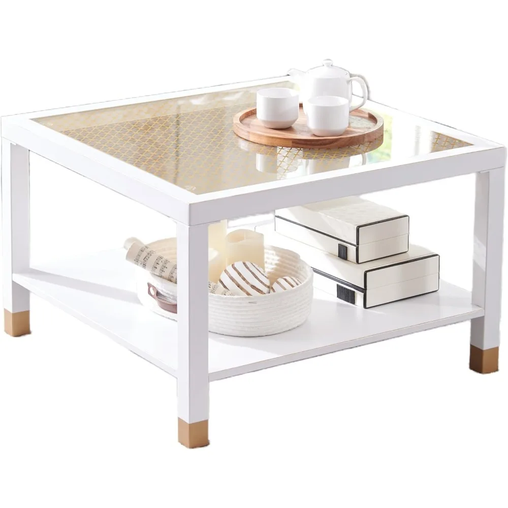 

Modern Square Coffee Table - 27.6" Crisp White Metal Frame w/Luxe Gold Glass Top