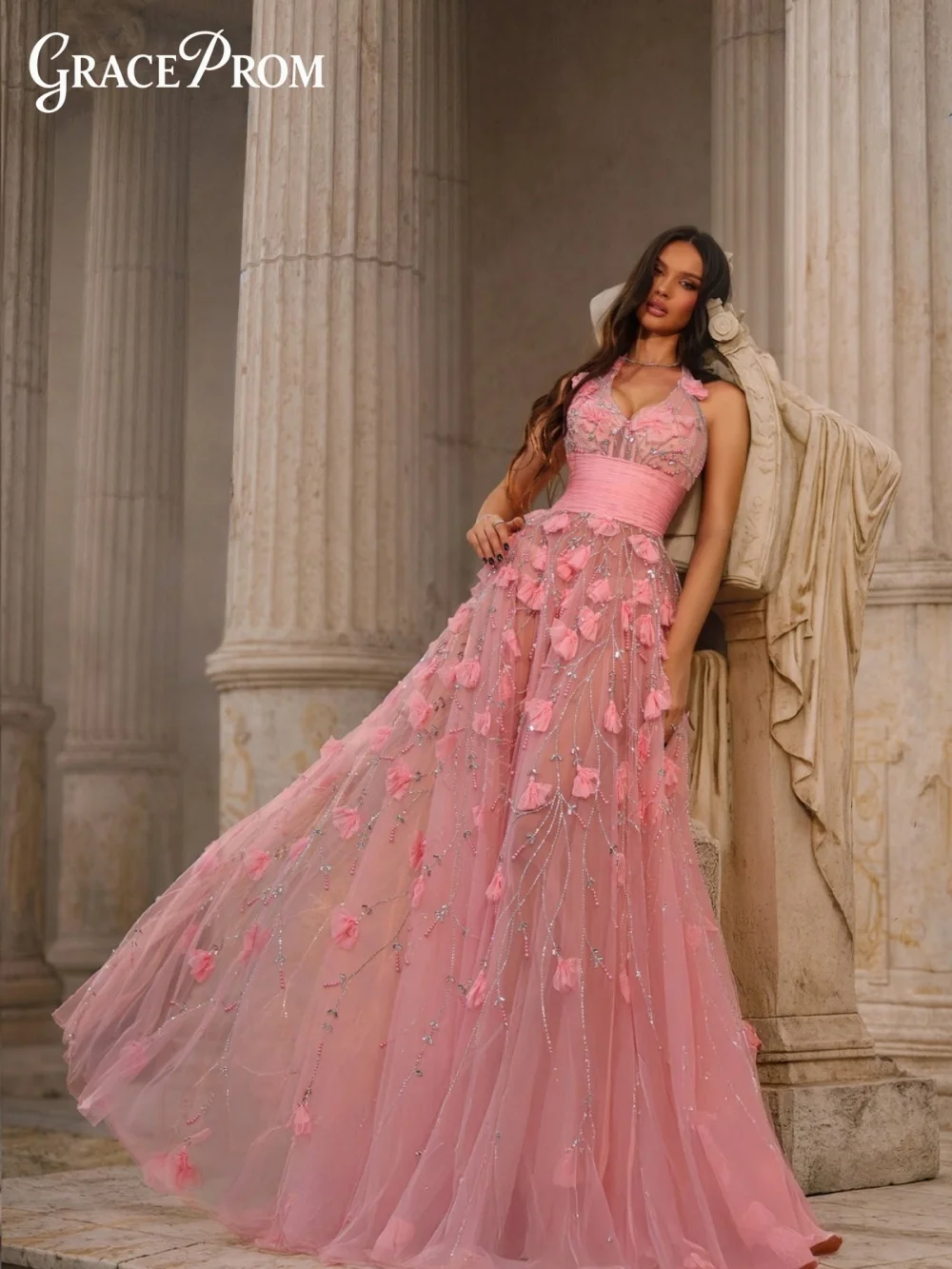 

Opulent Light Purple Long Dress Halter Neck Ruched Waistband 3D Tulle Pearl Party Dress Evening Gown Wedding Guests فساتين سهرة