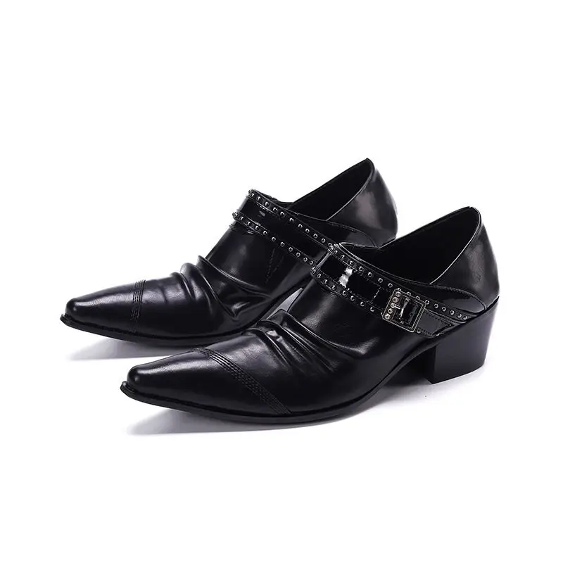 

Black Real Leather High Heel Men Shoes Rivets Increase Height Party Dress Shoes Male Jazz Dancer Thick Heel Ankle Boots