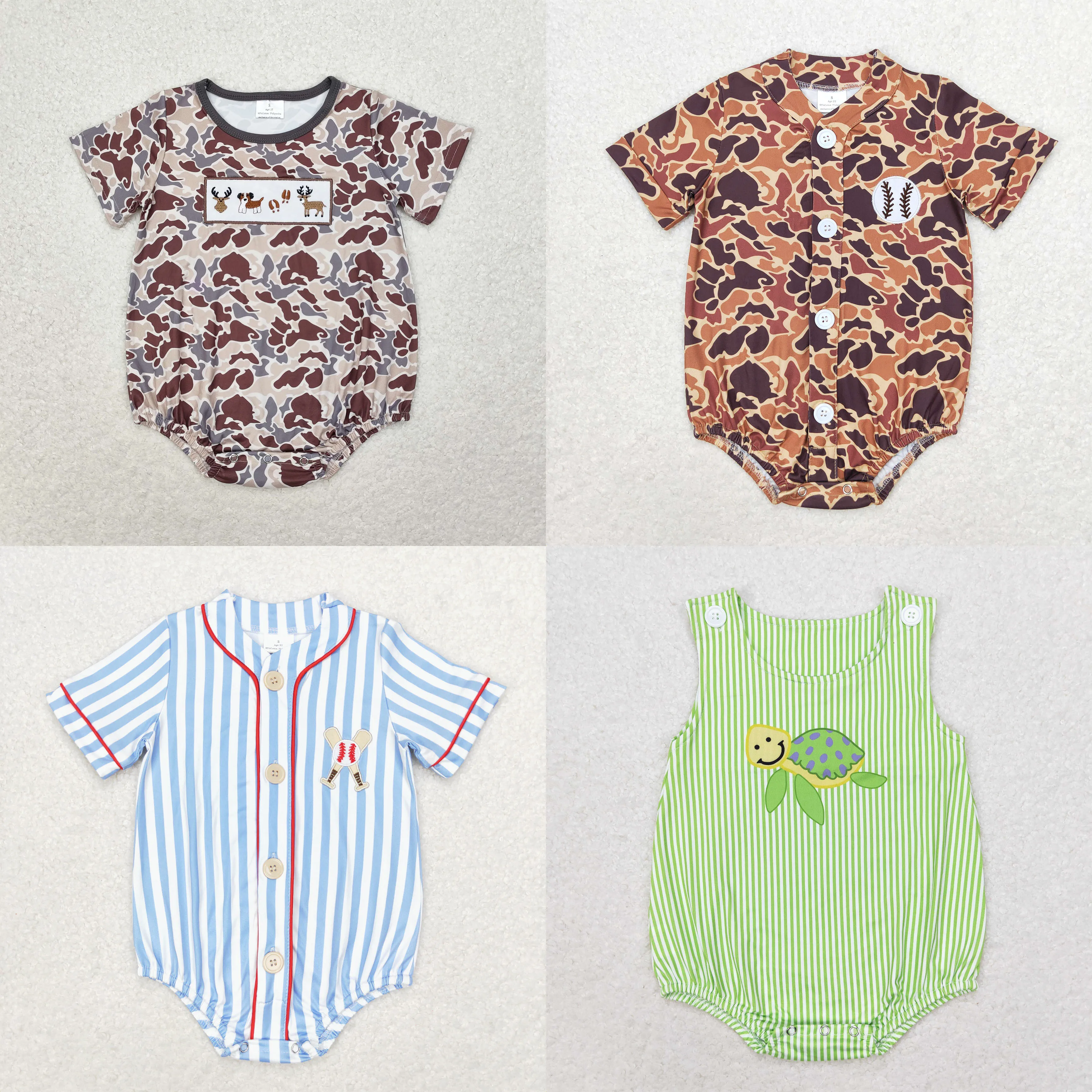 Wholesale Toddler Embroidery Bodysuit One-piece Kids Baby Boy Girl Camo Short Sleeves Jumpsuit Newborn Dog Deer Coverall Romper