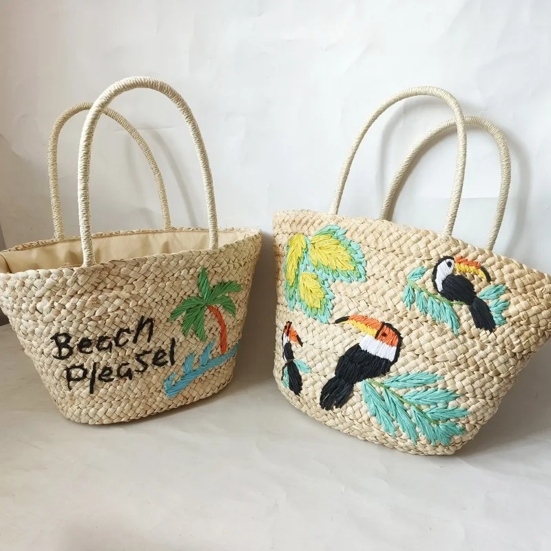 Coconut Tree and Bird Embroidery Bag, Handwoven Tote Bag, Holiday Beach Bag Hand Bags for Women