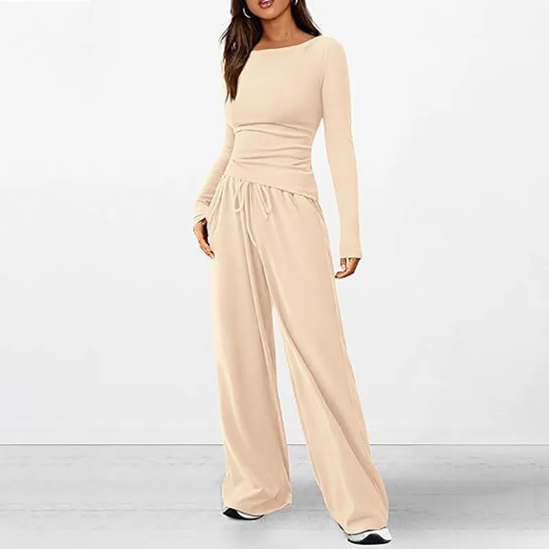 Spring Autumn Women Casual Tracksuit Asymmetric Slim T-shirt+Wide Leg Pants 2 Pieces Sets Solid Color Outfits Female Sports Suit