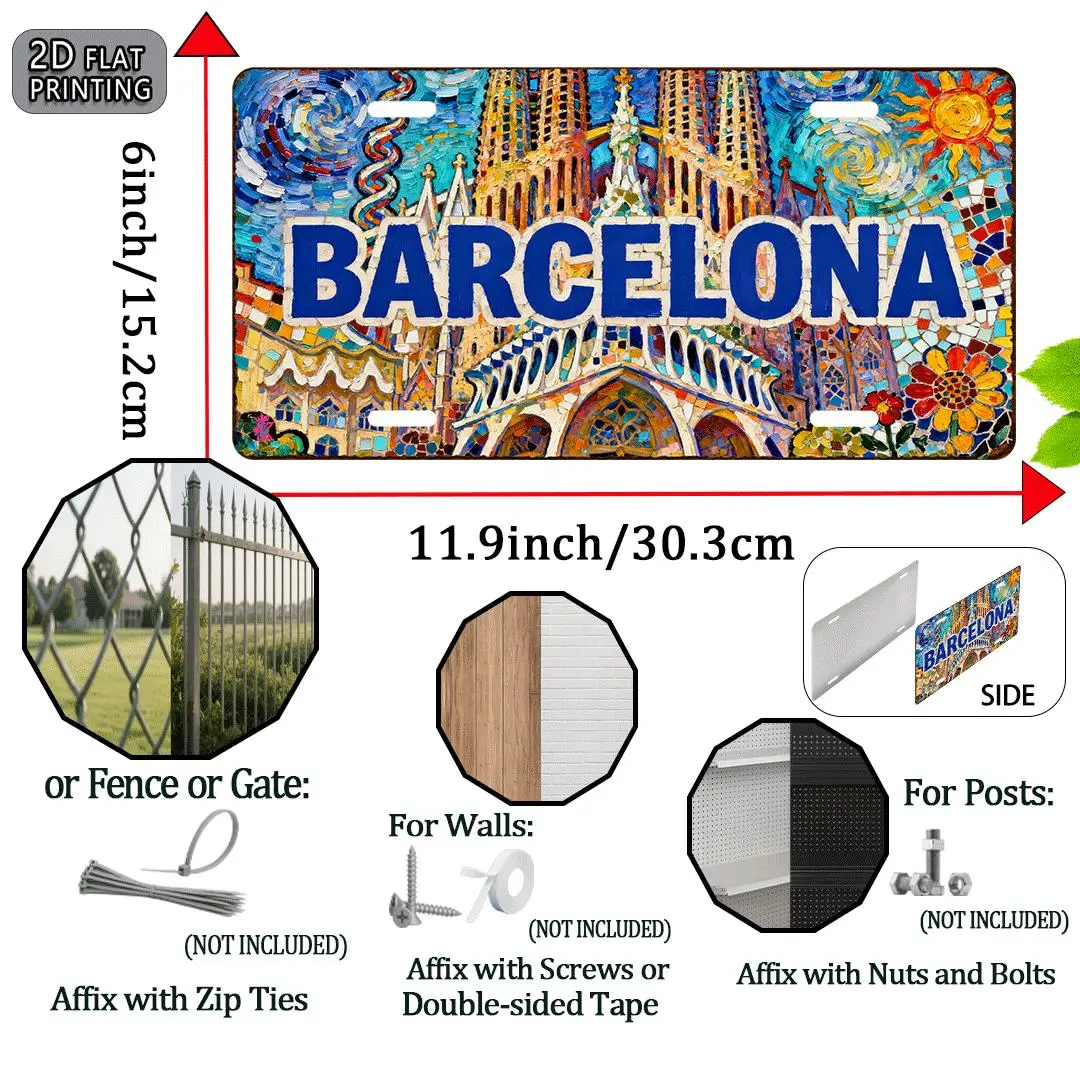 AL Barcelona Sagrada Familia Mosaic License Plate Sign - Vintage Durable Metal Plaque Wall Decor, Home Office Bar Man Cave Wall