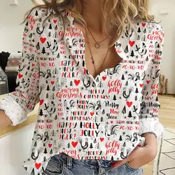 2024 women's fashion lapel long-sleeved shirt animal alpaca Christmas floral 3d printing casual shirt women's versatile fashion