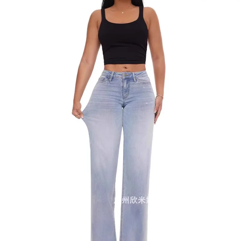 

New Women's Button Splice Denim Wide Leg Pants Slimming Office Commuter Trousers Trend Streetwear All-match Jeans for Women