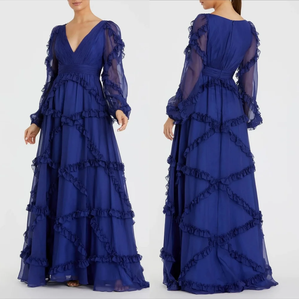 

Customized Chiffon Pleat Flower Edge V-neck A-line Long Dresses Bespoke Occasion Women's Evening High Quality Exquisite Party