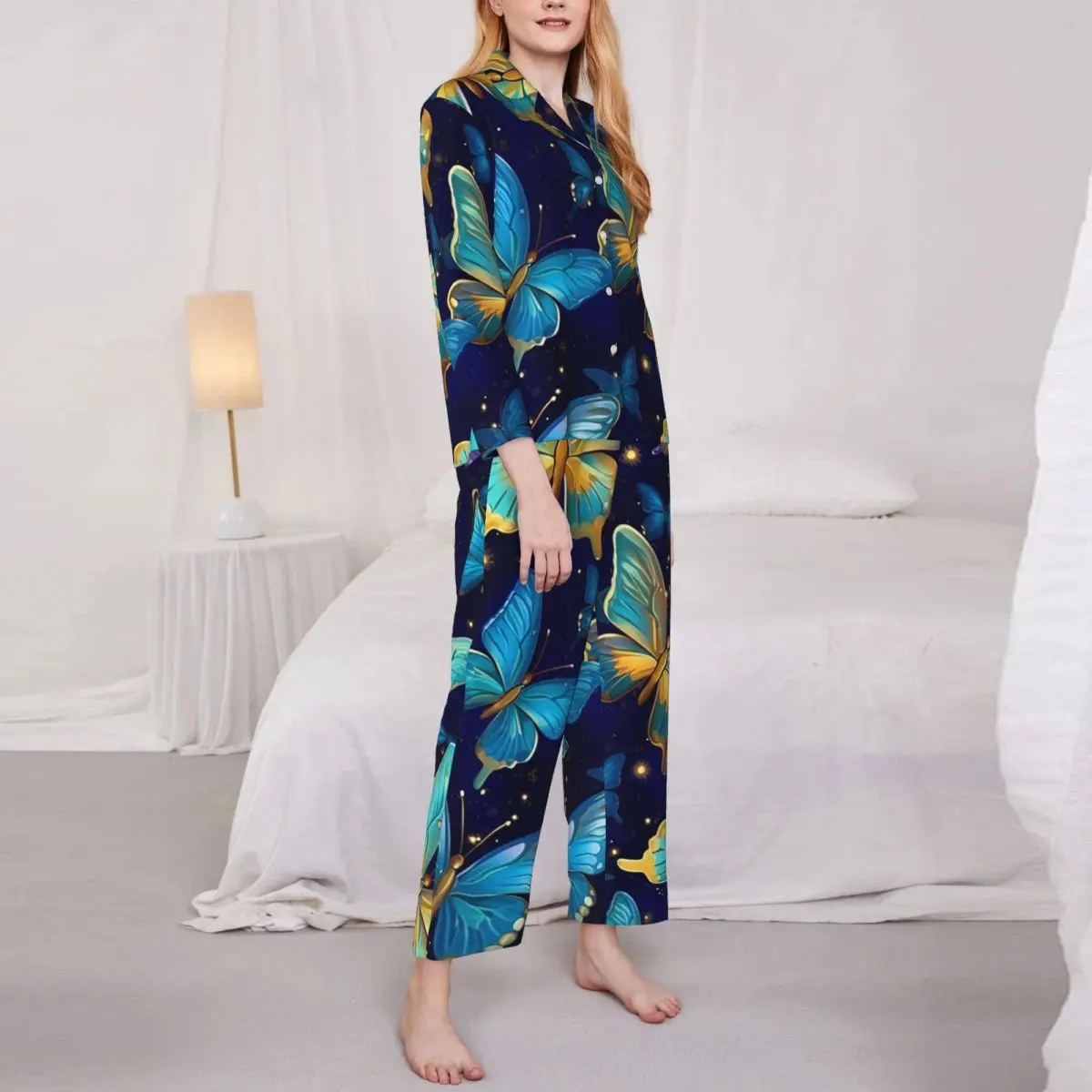 Pajamas Female Pastel Butterflies Room Sleepwear Colorful Animal Two Piece Pajama Sets Long-Sleeve Retro Oversize Home Suit