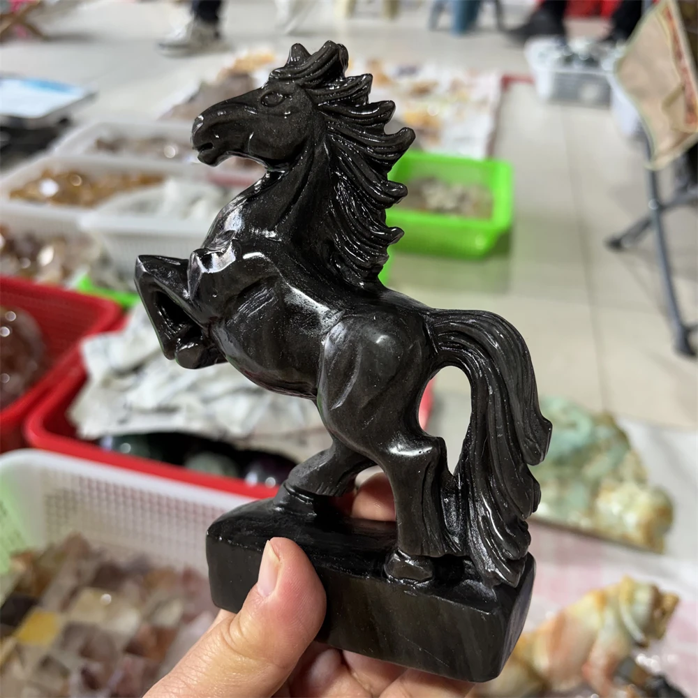 Natural Quartz Silver Obsidian Horse Carving Handmade Animal Powerful Statue For Home Decoration Lucky Holiday Gift 1PCS