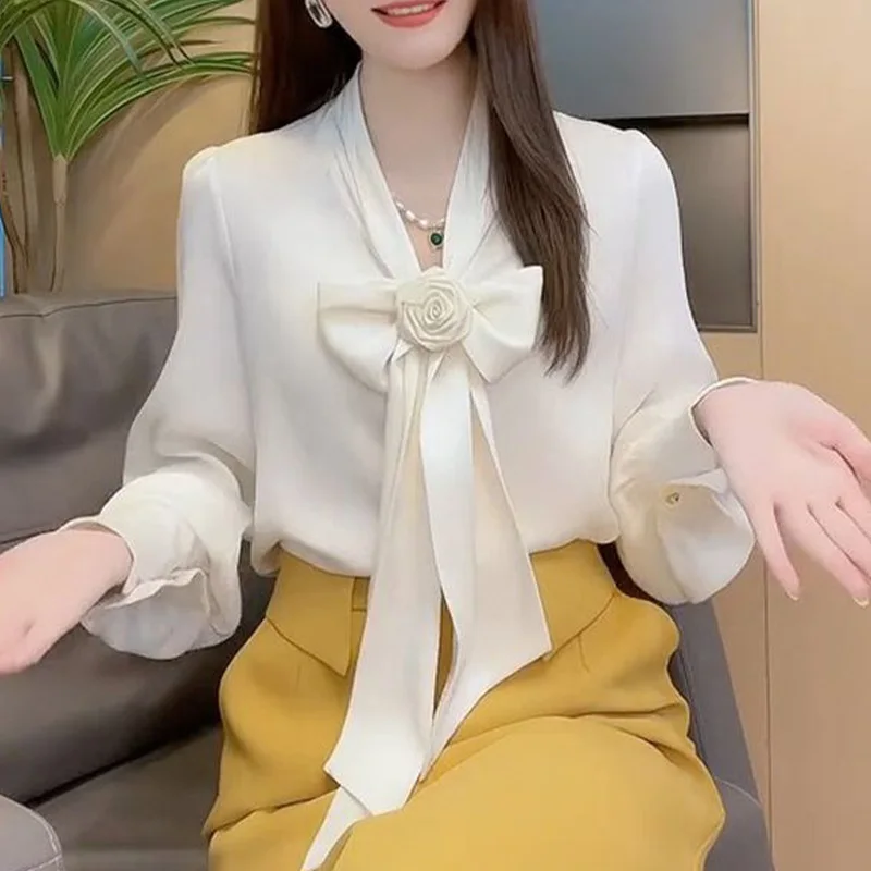 Office Lady French Style Chic Floral Bow Lace Up Solid Chiffon Shirt Spring Loose Elegant Women Lantern Sleeve Tops