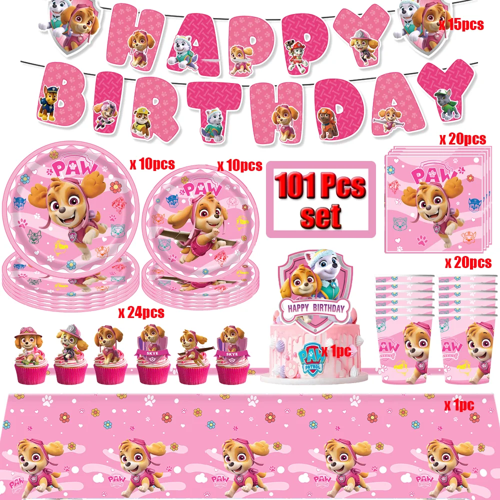 Pink Paw Patrol Birthday Decoration Dogs Skye Party Supplies Foil Balloons Tableware Cup Plate Napkin Baby Shower Supplies