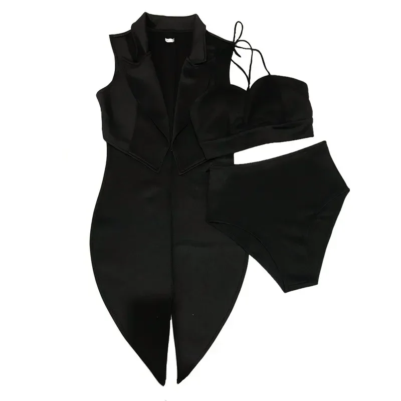 女性ジャズダンス衣装黒ブラショーツ燕尾服 3 点セットセクシーなステージウェアナイトクラブバー DJ 歌手ダンサーのパフォーマンス服