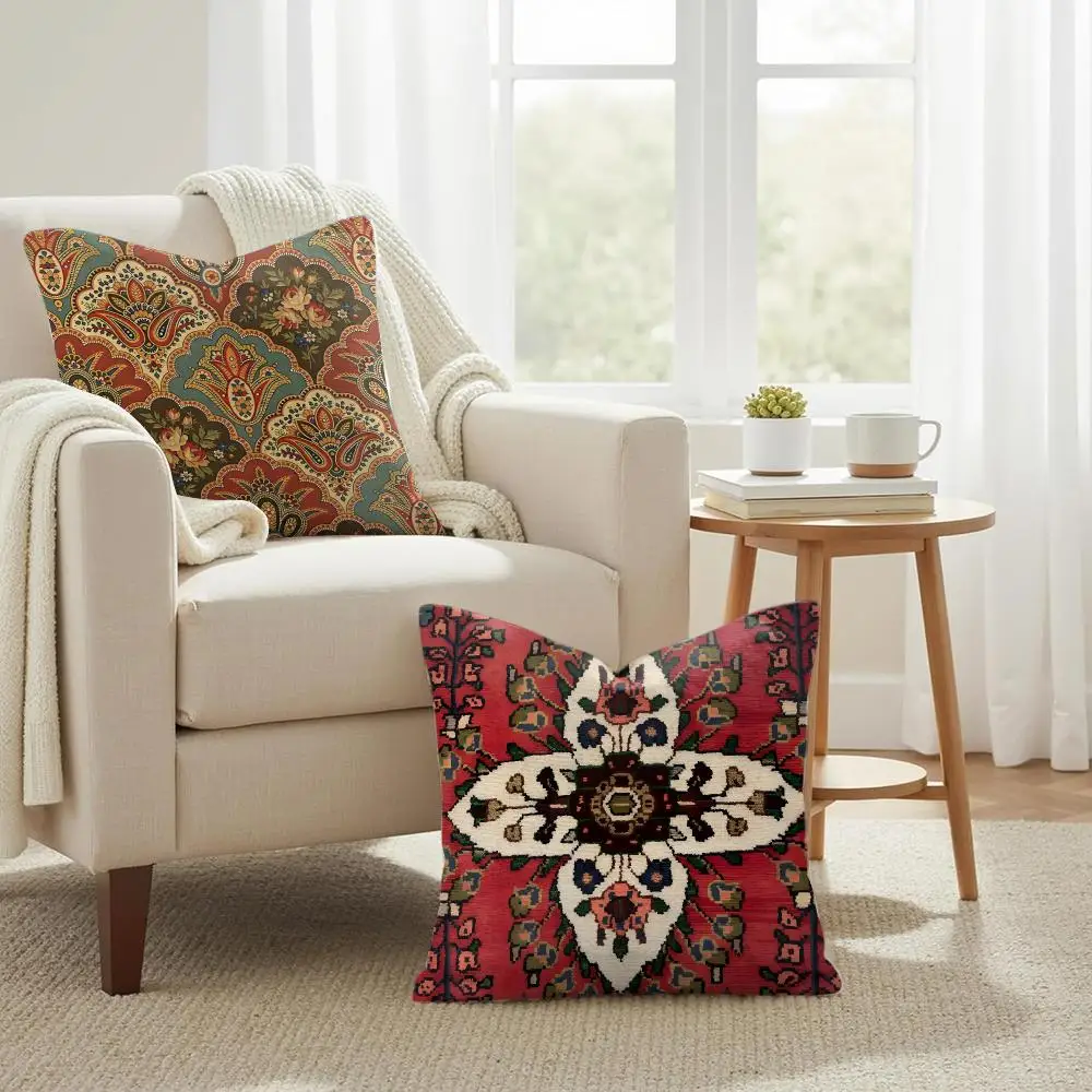 Persian Rug Pattern Retor Cushion Cover Natural Linen Organic Fabric Double-Sided Printing Sofa Home Decor Gift Pillow Case