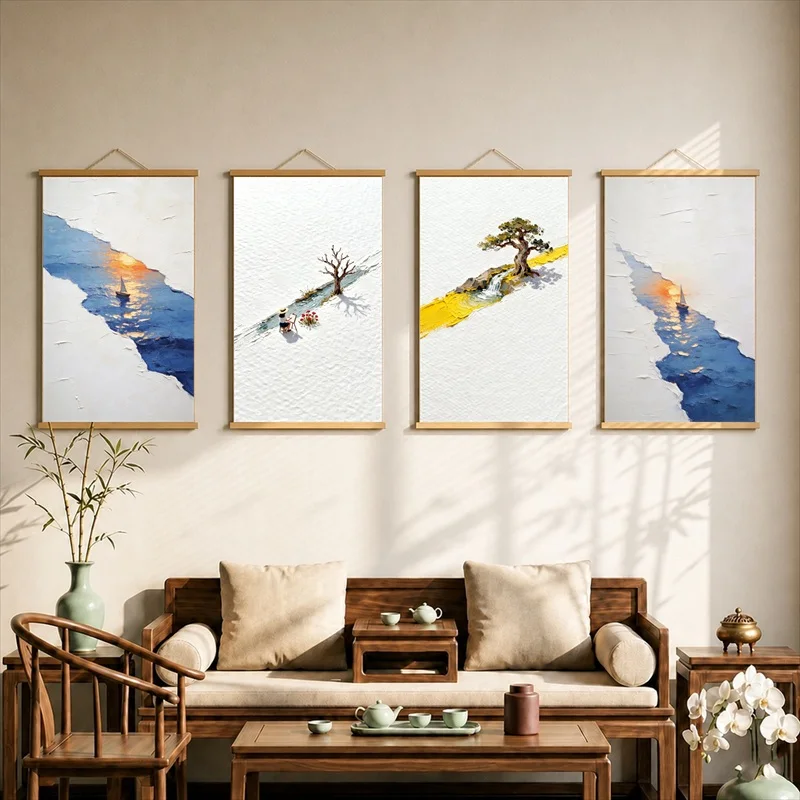 Wall Decorations Tiny Boats crossing Blue Cosmic Islands, Dreamy Surreal Pearlescent Canvas Hanging Scroll for Meditation Dome