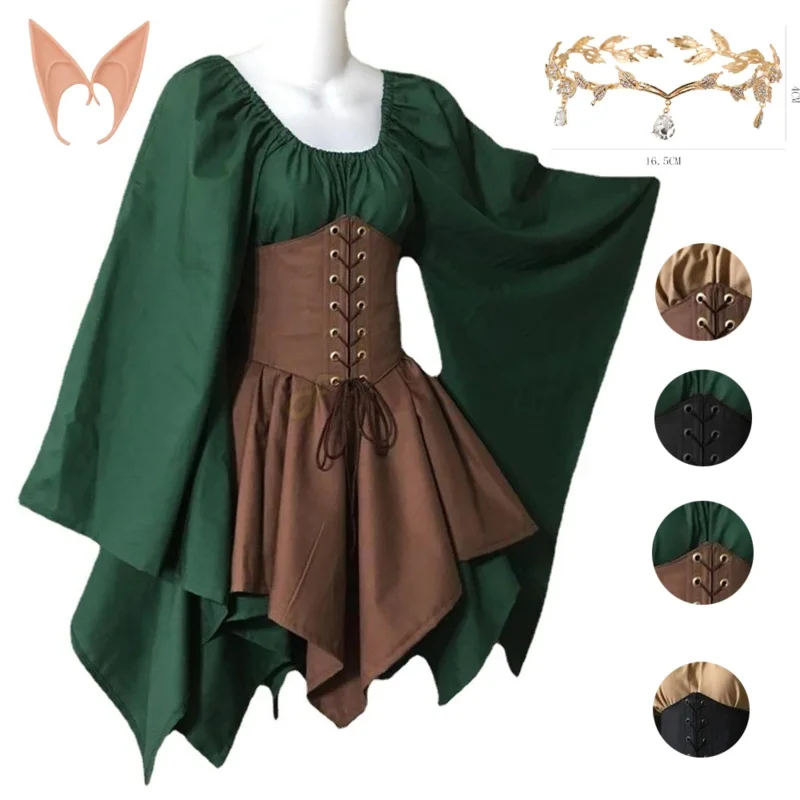 Новинка 2024 года, Хэллоуин, косплей, дворец Виктории, средневековый винтажный костюм феи и эльфа, женское рождественское платье принцессы в стиле пэчворк, повязка на голову ★ ★ ★