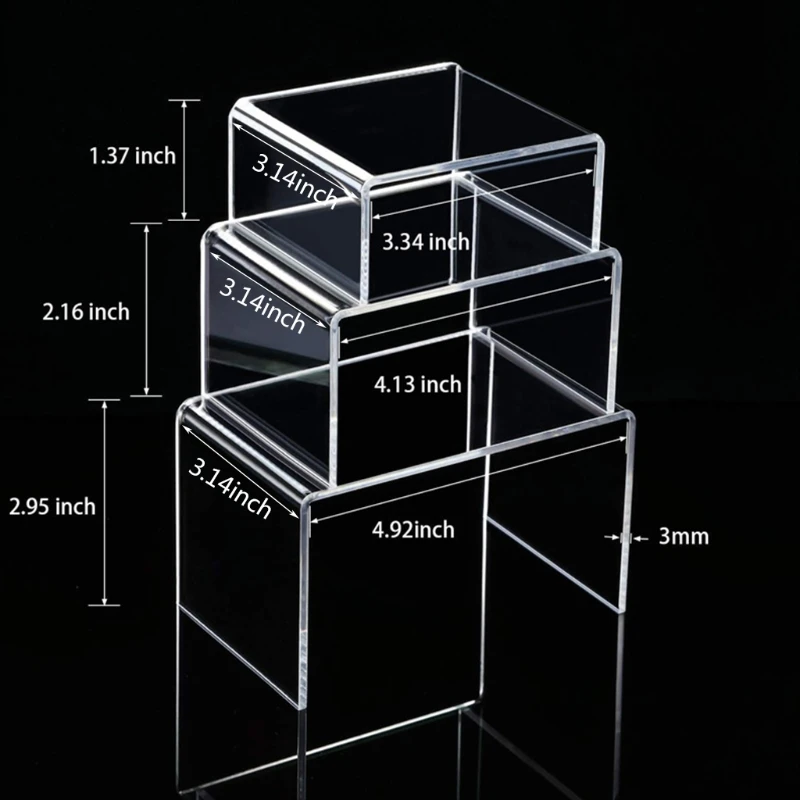 Conjunto suportes display acrílico com 3 camadas perfil médio baixo para exibição