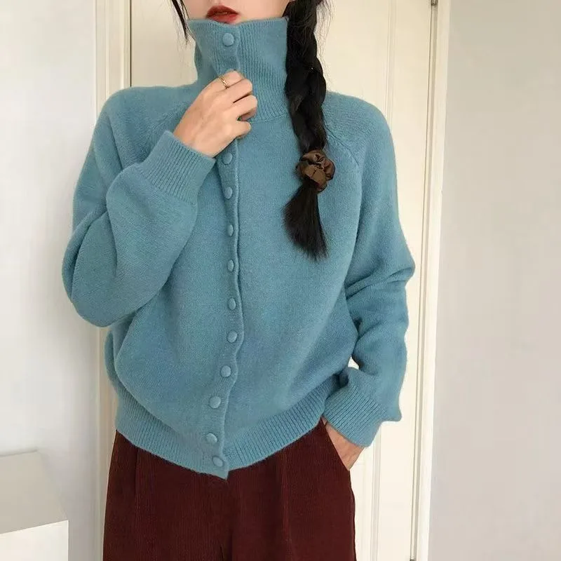 

High Neck Knitted Cardigan Women's 2025 Spring Autumn And Winter New Item Retro Korean Lazy Style Loose Sweater Jacket