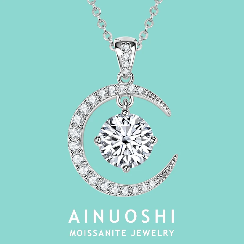 AINUOSHI 8mm Moissanite Necklaces For Women 925 Sterling Silver Moon Shaped Pendant Necklace Delicate Wedding Jewelry Gift