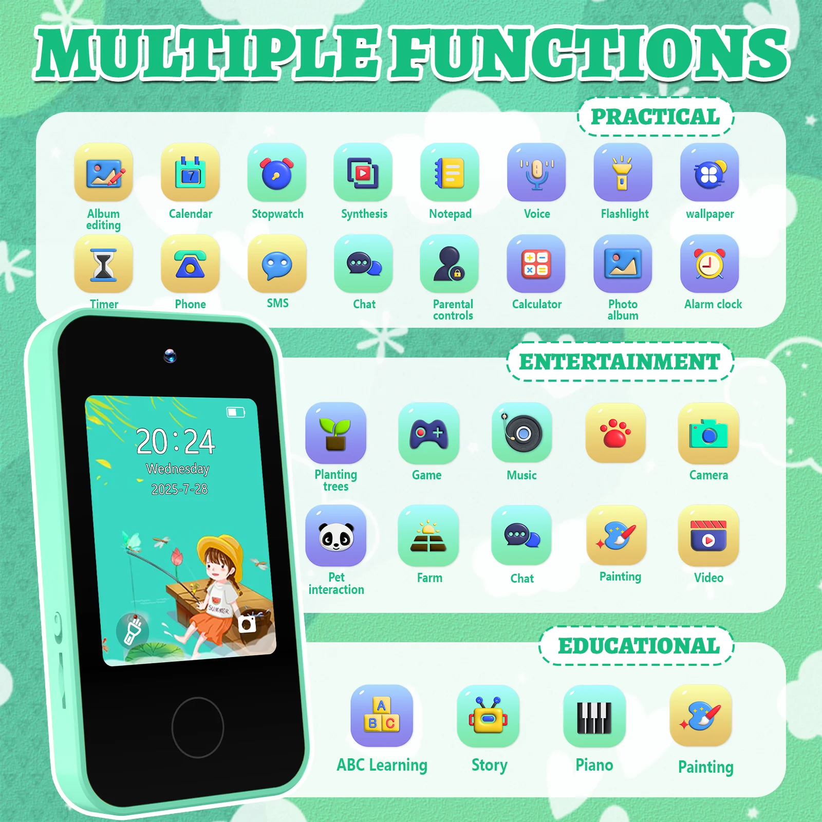 Téléphones jouets pour enfants avec double caméra, jouets d'apprentissage, cadeaux pour enfants de 4 ans, jeux de puzzle éducatifs, écran tactile 2.8 pouces, cadeau