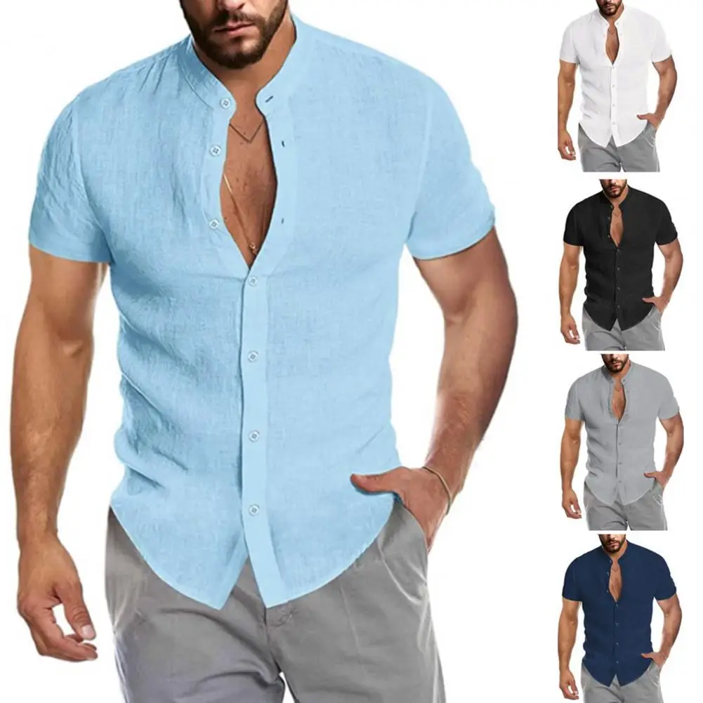 Camisa clásica de verano para hombre, camisa transpirable, ajustada, secado rápido, Color sólido, cuello en V, bolsillos, informal