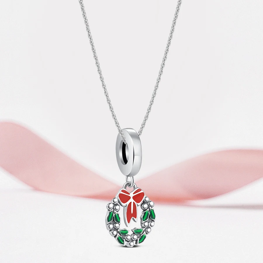 Charm Festival Original Christmas Wreath Pendant S925 Sterling Silver Bead Fit Bracelets Diy For Women Fine Jewelry Love Gift