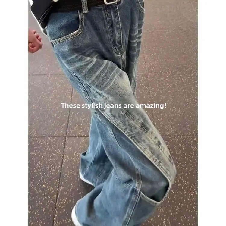

Spring Autumn Men's Loose Wide Leg Harlan Jeans Casual Wear Resistant mid Waist Cotton Polyester Blend Straight Cut Trousers