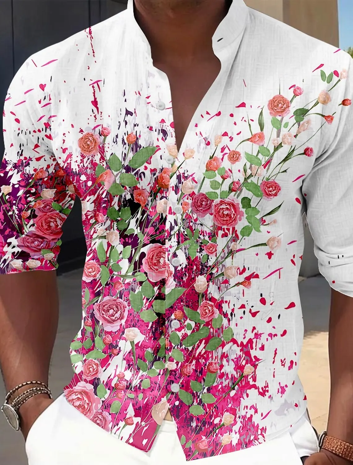 Camisa floral masculina de botões, Manga comprida, Festa, Noite, Férias diárias, Colarinho banda outono, Colarinho vovô, Estampado 3D Poliéster, Casual