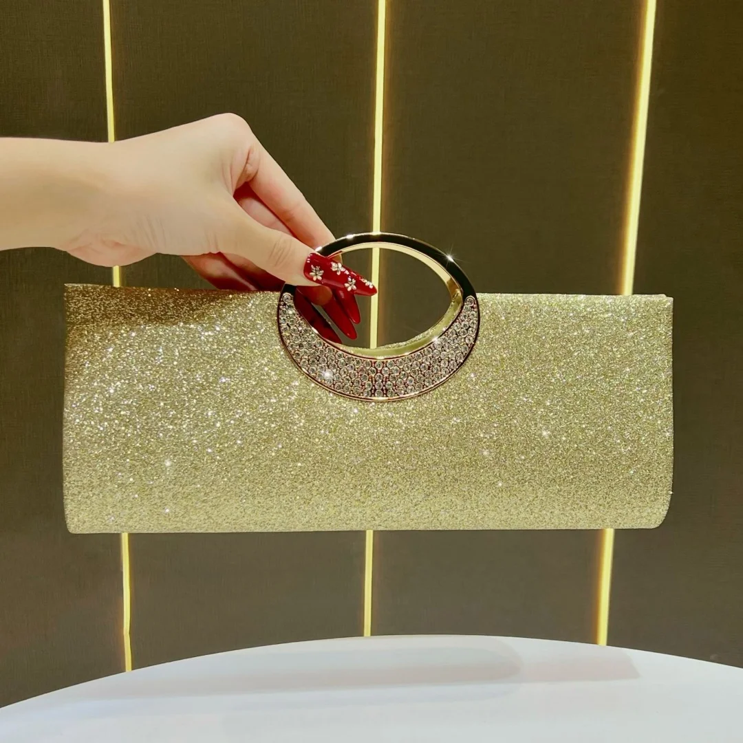 Glitter Rhinestone Circle Handle Clutch Bag Sparkly Chain Crossbody Purse for Wedding Party Prom Evening Formal Dress Occasion