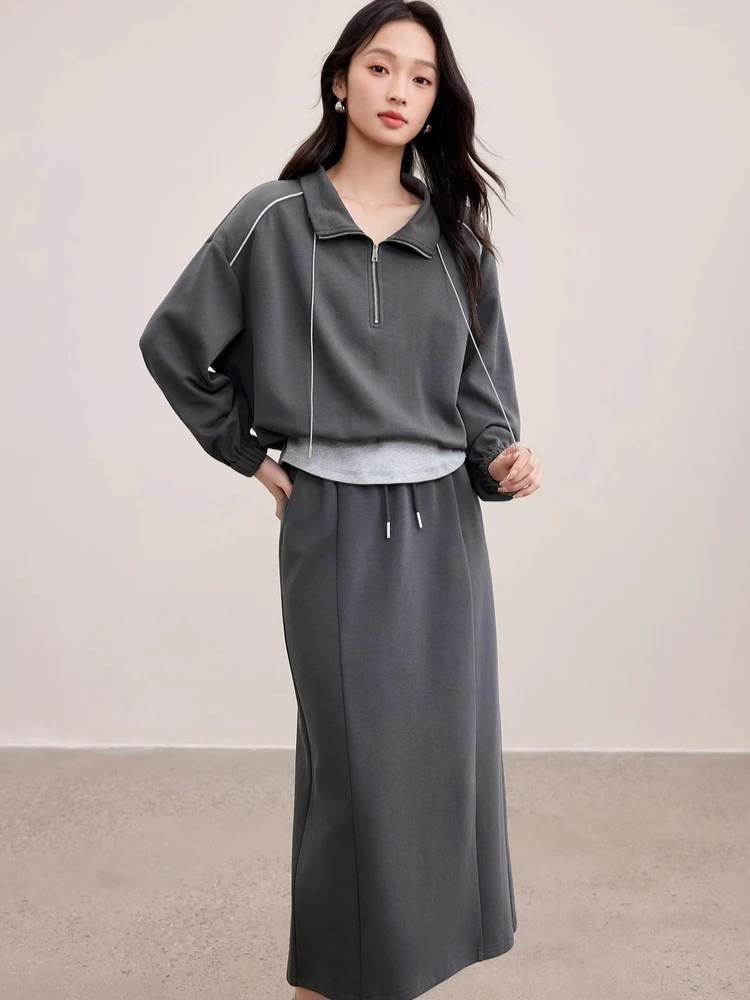 

SENTUBILA Women's Cotton Office Two-piece Set Sporty Style Turn Down Collar Sweatshirt & Elastic-waist Straight Skirt 153ZC2864
