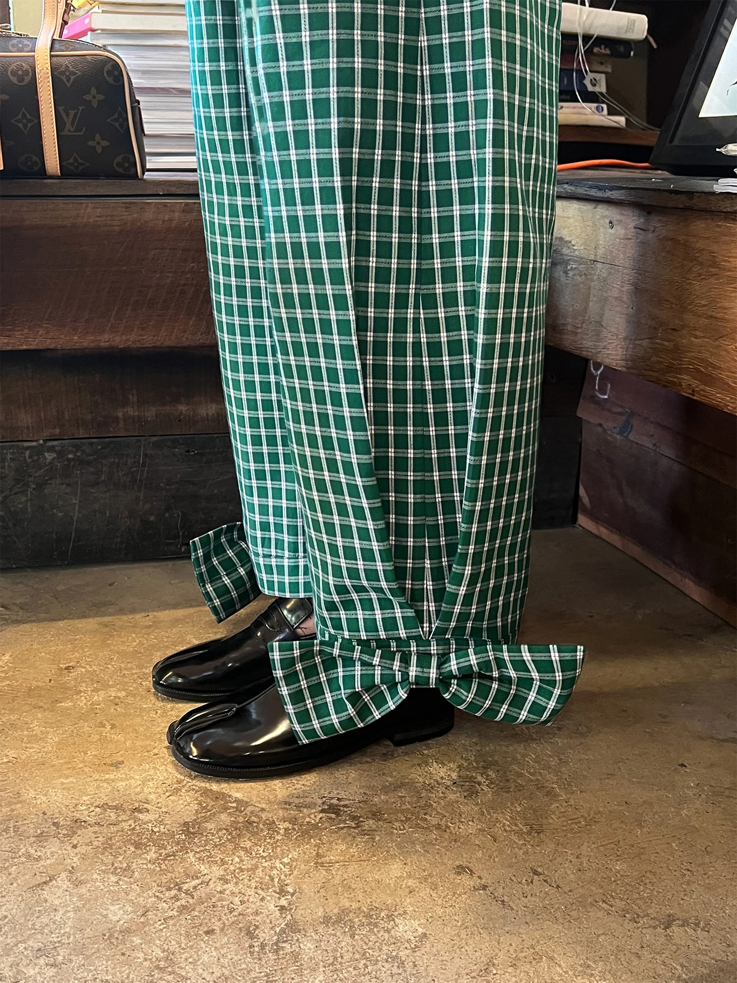 

Retro Loose Women's Casual Pants Spring Summer New Style Green Plaid Pants Knot Decoration Long Pants Casual Style